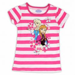 Disney Frozen Toddler Girl's Elsa & Anna Striped Glitter Short Sleeve T Shirt - Pink - 4T