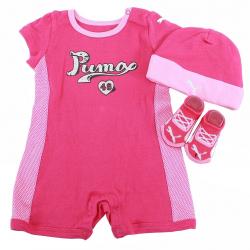Puma Infant Girl's 3 Piece Logo Short Sleeve Cotton Romper Set - Pink - 3 6 Months