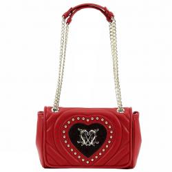 Love Moschino Women's Studded Heart Flap Over Satchel Handbag - Red - 6H x 10L x 3D Inch