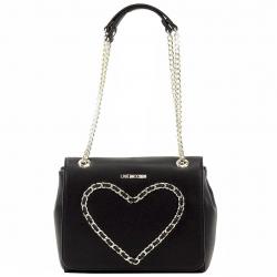 Love Moschino Women's Chain Heart Flap Over Leather Satchel Handbag - Black - 8H x 10.5L x 3D Inch