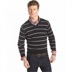 Izod Men's All Over Stripe Long Sleeve V Neck Cotton Sweater - Black - Small