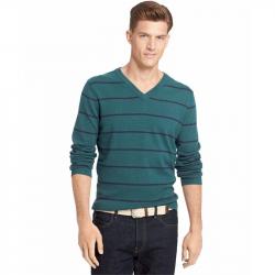 Izod Men's All Over Stripe Long Sleeve V Neck Cotton Sweater - Green - Large