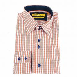 Brio Milano Men's Stitched Collar Small Plaid Button Up Dress Shirt - Orange - S; Collar 14 14.5 Arm 32.5 33