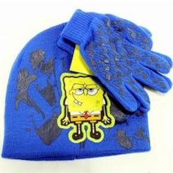 Spongebob Squarepants Boy's Knit Beanie Hat & Glove Set Sz. 4 7 - Blue - 4 7
