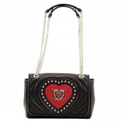 Love Moschino Women's Studded Heart Flap Over Satchel Handbag - Black/Red - 6H x 10L x 3D Inch