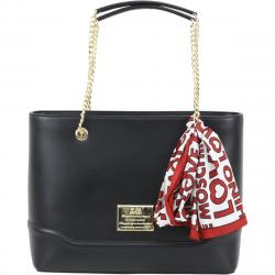 Love Moschino Women's Logo Plaque Chain Handle Shoulder Tote Handbag W/Scarf - Black - 11H x 14L x 5.5D in