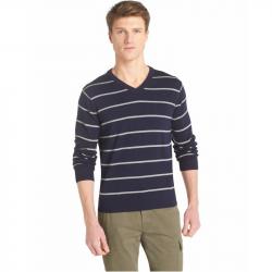 Izod Men's All Over Stripe Long Sleeve V Neck Cotton Sweater - Blue - XX Large