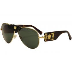 Versace 2150Q 2150 Q Fashion Genuine Leather Pilot Sunglasses - Black Gen Leather/Gold Havana/Gray Green   100271 - Lens 62 Bridge 14 Temple 140mm