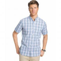 Izod Saltwater Men's Seaport Poplin Plaid Short Sleeve Button Down Shirt - Heritage Blue - Small