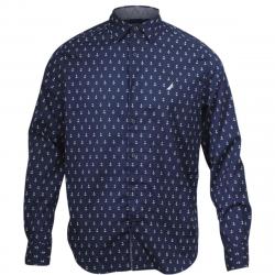 Nautica Men's Classic Fit Anchor Print Long Sleeve Cotton Button Down Shirt - Blue - Medium