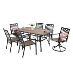 PHI VILLA 7 Piece Metal Outdoor Patio Dining Set Wood-Look Table / Mix Chairs