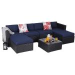 PHI VILLA 7-Piece All Weather Patio Rattan Sofa Set Blue