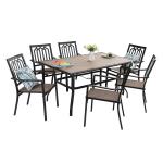 PHI VILLA 7 Piece Metal Outdoor Patio Dining Set Wood-Look Table / Stackable Chairs