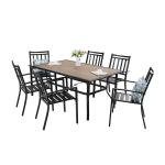 PHI VILLA 7 Piece Metal Steel Outdoor Patio Dining Set - 1 Wood-look Table and 6 Chairs Stackable Chairs