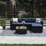 PHI VILLA Blue Rattan Patio Sectional Sofa 5 Piece