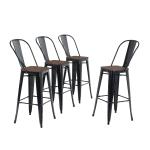 ALPHA HOME 30" High Back Bar Stools with Wood Seat, Set of 4 Glossy Black
