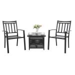 PHI VILLA 3 Piece Metal Steel Outdoor Patio Dining Set - 1 Bistro Table with Umbrella Hole and 2 Chairs Stackable Chairs