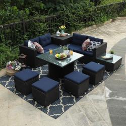 PHI VILLA Outdoor Furniture Rattan Sectional Sofa Set with Cushions 9 Piece