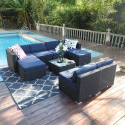 PHI VILLA 9 Piece Rattan Sofa Outdoor Sectional Set Blue