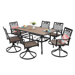 PHI VILLA 7 Piece Metal Outdoor Patio Dining Set Wood-Look Table / Swivel Chairs
