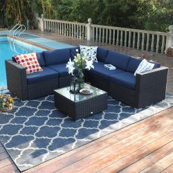 PHI VILLA 6-Piece Outdoor Sectional - Patio Rattan Wicker Furniture Modern / Blue