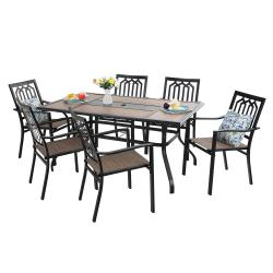 PHI VILLA 7 Piece Metal Outdoor Patio Dining Set - 1 Geometric Rectangle Table and 6 Chairs Stackable Chairs