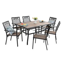 PHI VILLA 7 Piece Metal Outdoor Patio Dining Set Wood-Look Table / Stackable Chairs