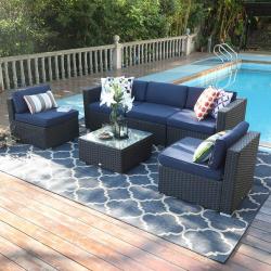 PHI VILLA 6-Piece Outdoor Sectional - Patio Rattan Wicker Furniture Fancy / Blue