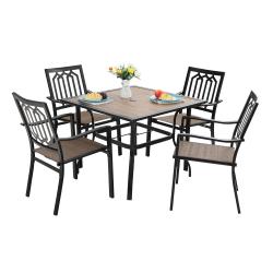 PHI VILLA 5 Piece Outdoor Patio Dining Set - 1 Wood-look Table & 4 Textilene Chairs Stackable Chairs