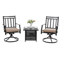 PHI VILLA 3 Piece Metal Steel Outdoor Patio Dining Set - 1 Bistro Table with Umbrella Hole and 2 Chairs Swivel Chairs