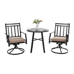 PHI VILLA 3 Piece Metal Steel Outdoor Patio Dining Set - 1 Round Table and 2 Chairs Swivel Chairs