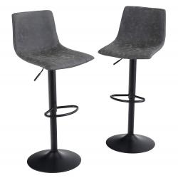 PHI VILLA Square Adjustable Height Leather and Metal Swivel Bar Stools, Set of 2 Grey