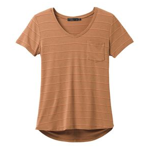 prAna Foundation Short Sleeve V-Neck Camel Heather Stripe S