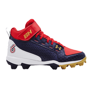 Under Armour Harper Mid RM Jr. LE Baseball Cleat - Youth White / Midnight Navy / Metallic Cristal Gold Afs 1Y Regular
