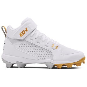 Under Armour Harper 6 Mid RM Jr. Baseball Cleat - Youth White / Halo Gray / Metallic Cristal Gold Afs / De 5.5Y Regular