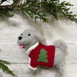 Wool Poseable Dog W/Sweater Christmas Ornament
