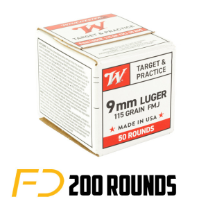 Winchester Winchester Target & Practice 9MM, 115gr, FMJ - 200 rounds (4 boxes of 50) - $58.20 at Firearms Depot 