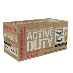 Winchester Active Duty MHS Ammunition 9mm Luger 115 gr FMJ-FN 1320 fps 100/ct