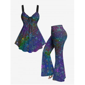 Ruched Star Heart Glitter Printed Cinched Tank Top and Flare Pants Plus Size Disco 70s 80s Outfit