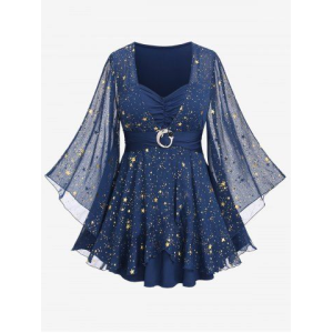 Plus Size Foil Stamping Star Print Buckle Ruched Sheer Layered T-shirt