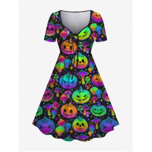 Plus Size Halloween Costume Pumpkin Mushroom Star Print Cinched Dress