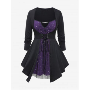 Plus Size Stars Lace-up Cutout Chain Long Sleeves 2 in 1 Tee