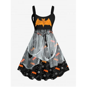 Plus Size Halloween Bat Moon Star Ripped Gauze Print Tank Dress