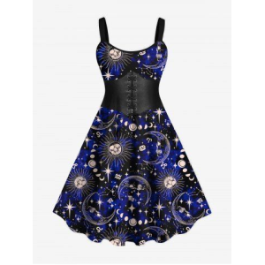 Plus Size Halloween Galaxy Sun Moon Star Lace Up Corset 3D Print Tank Dress