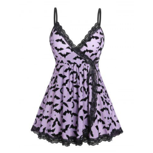 Plus Size Star Bat Moon Printed Lace Trim Mesh Lingerie Set(Adjustable Shoulder Strap)