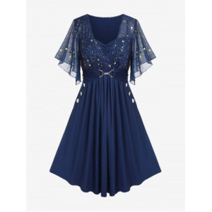 Plus Size Stars Print Buckle Button Pockets Ruched Butterfly Sleeves Dress