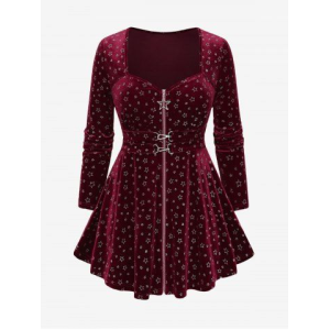 Plus Size Star Silver Stamping Full Zipper Buckle Belted Long Sleeves Velvet Top