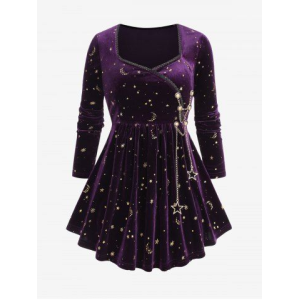 Plus Size Moon Star Gold Stamping Lace Trim Chains Surplice T-shirt