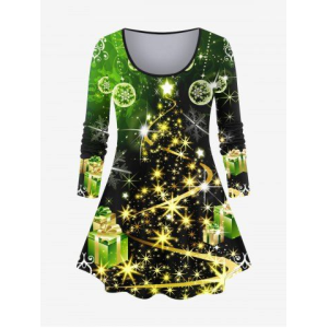 Plus Size Christmas Tree Ball Gift Star Snowflake Glitter Print T-shirt