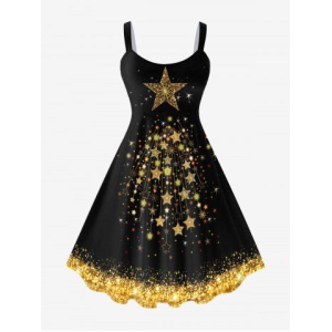 Plus Size Glitter Sparkling Stars Light Beam Sequins Print A Line Party Dress